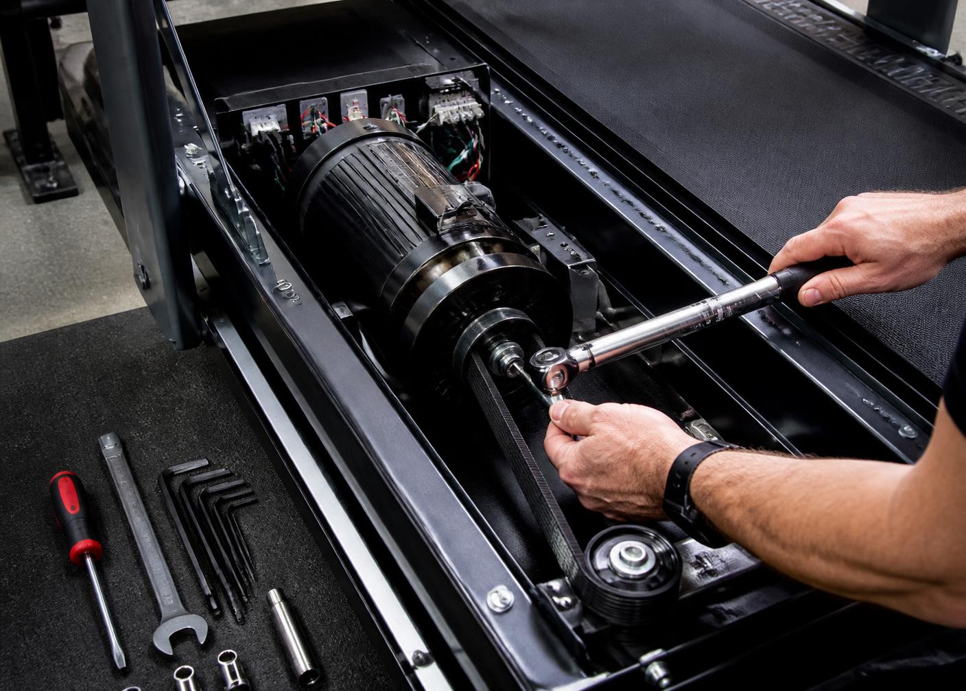 Engineer torquing the drive belt inside a commercial treadmill