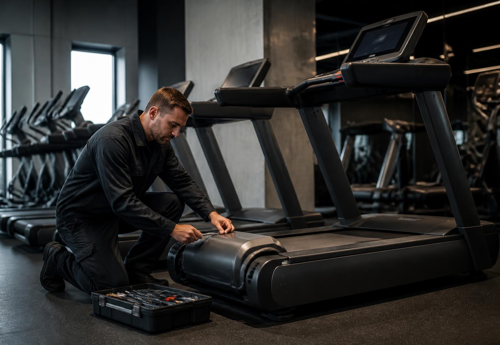KS engineer servicing the motor of a commercial treadmill in a gym